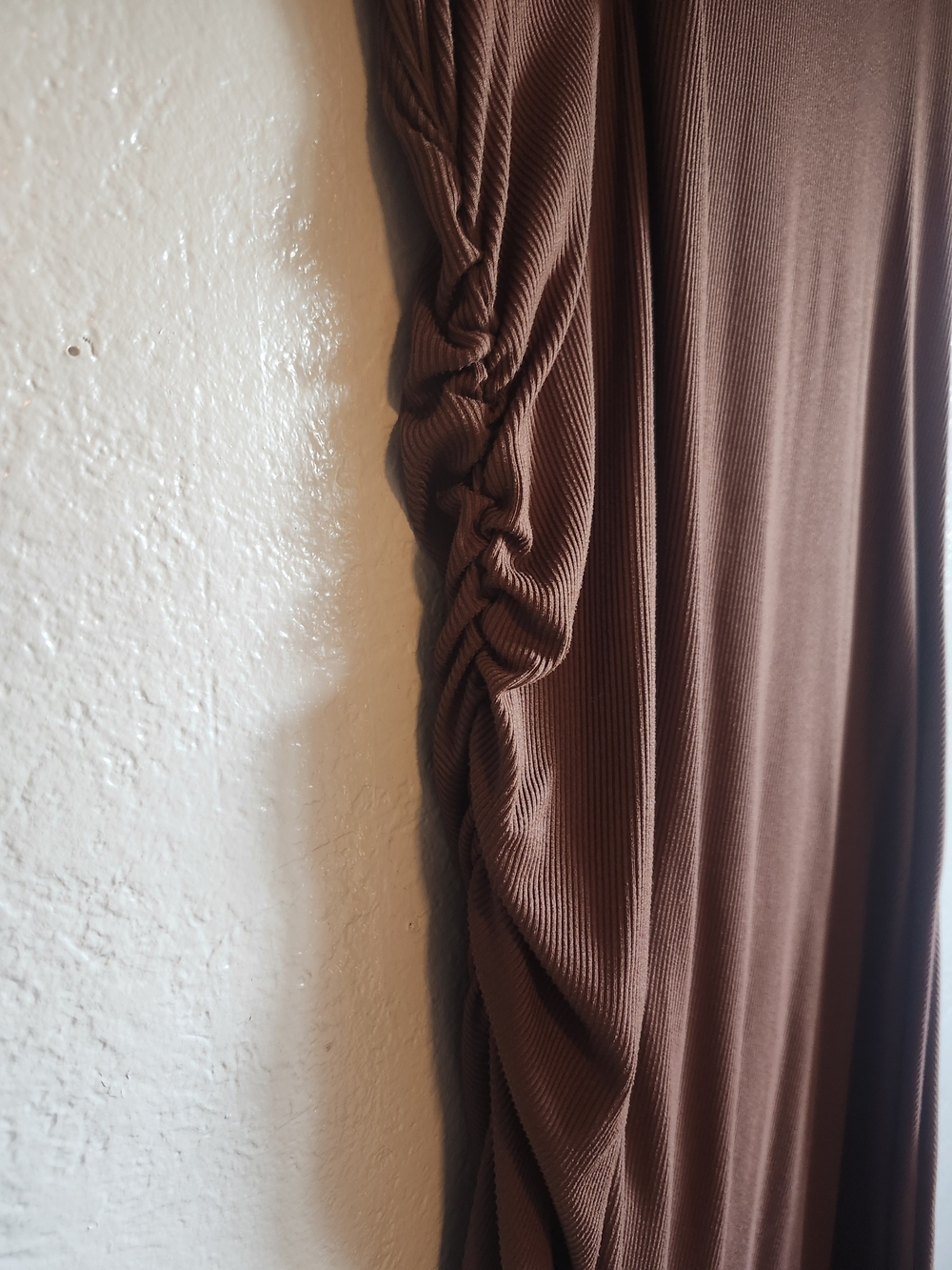 Brown Ruched Ribbed Maxi Dress - Flattering & Stretchy - Picture 2 of 4